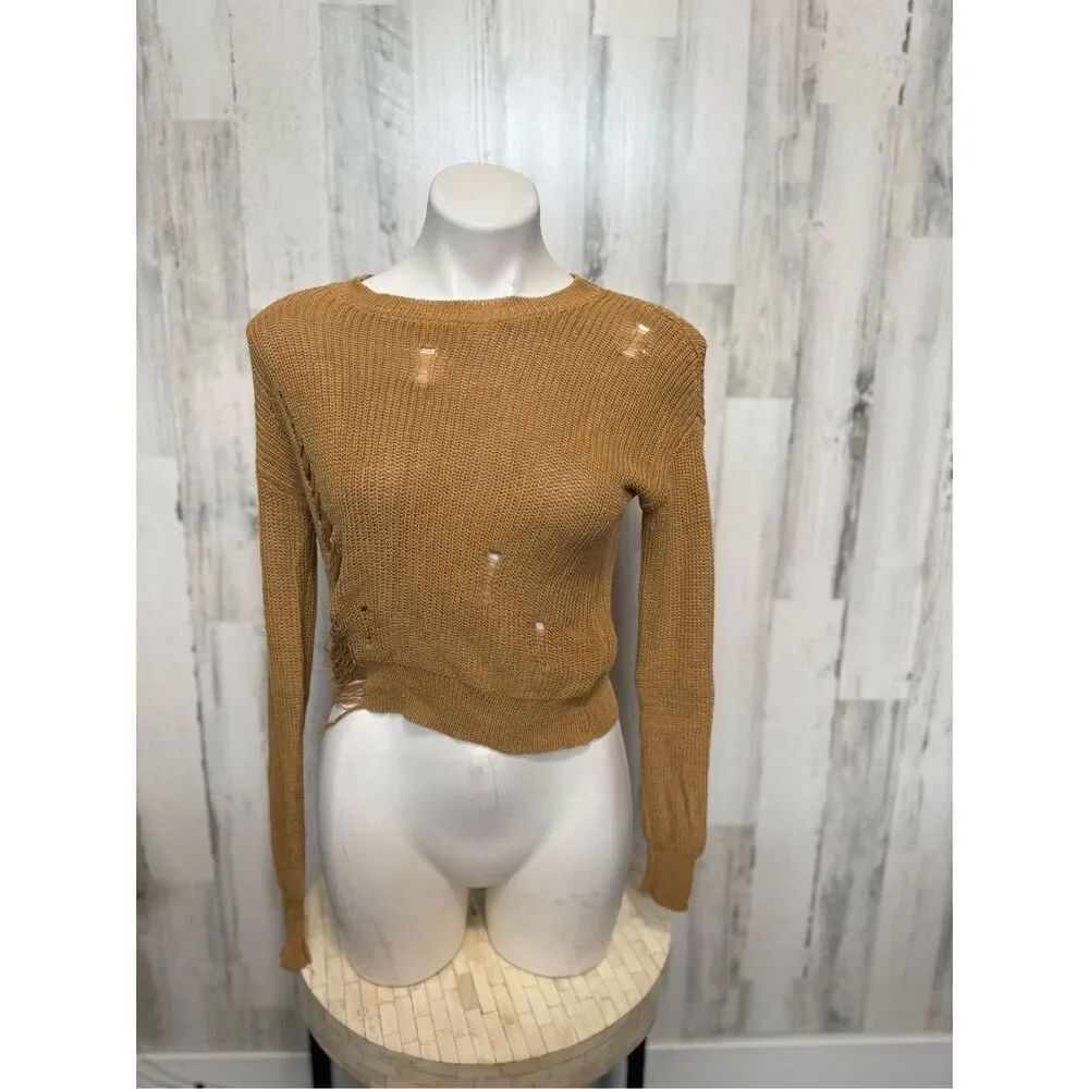 Windsor Mustard Brown Knit Sweater Size M Distressed Hole Detail Long Sleeve